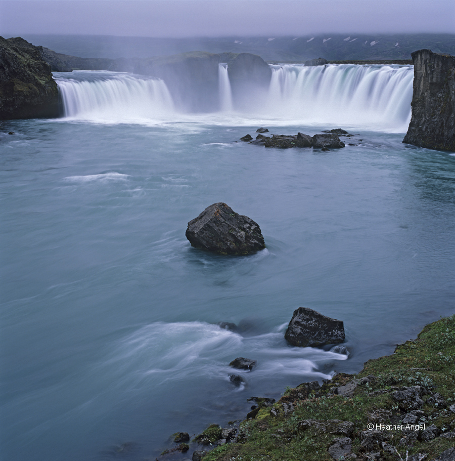 Godafoss 'Falls of the Gods' at midnight in mid-summer, Iceland
