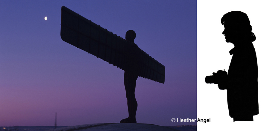 Left: Angel of the North by Anthony Gormley at dawn, Gateshead. Right: A Chinese paper cut of Heather Angel with a film camera