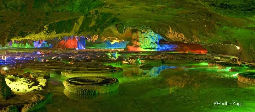 A few of the circular basins in a shallow lake within the unique Green Lotus Cave at Xingping in China December 2007